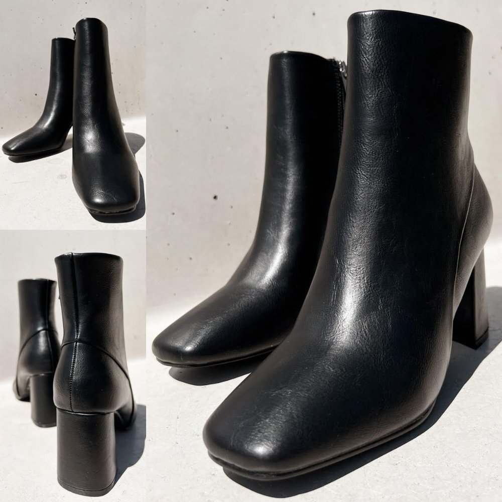 NEW Black Faux Leather Sleek Slim Square Toe Block Heel Ankle Boots Bootie Shoes - Picture 5 of 13